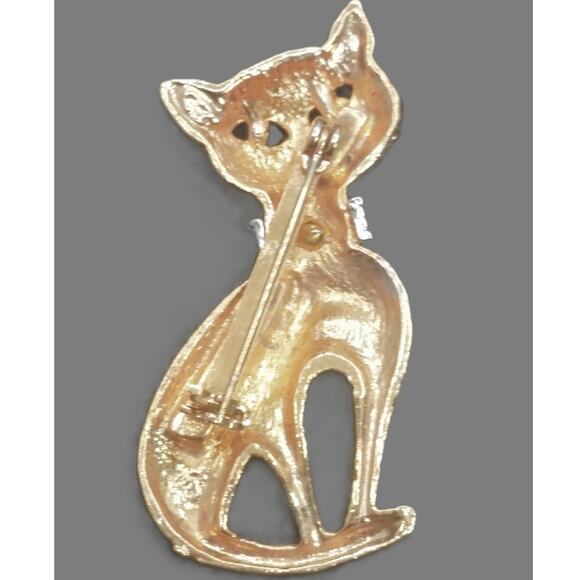 Sitting Cat Brooch Vintage Kitty Pin Ruby Red Eyes Rhinestone Collar Whiskers - Picture 3 of 9
